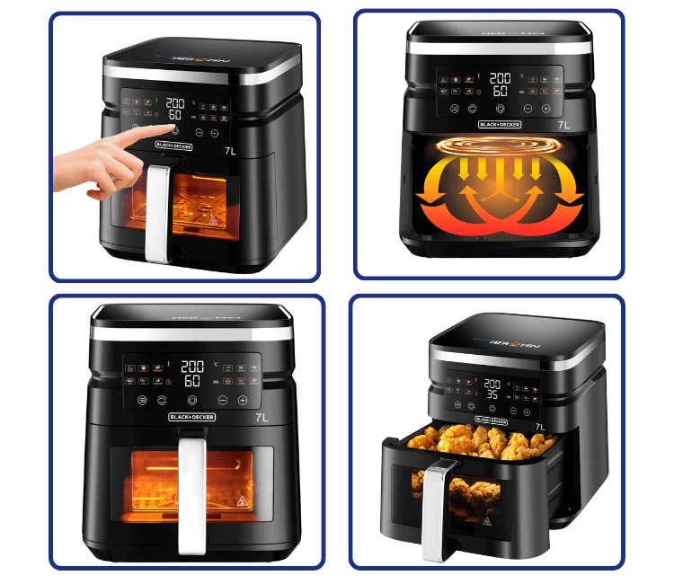 Black+Decker AF7010-B5 Digital Aerofry with open basket – window display showing oil-free cooking in Africa