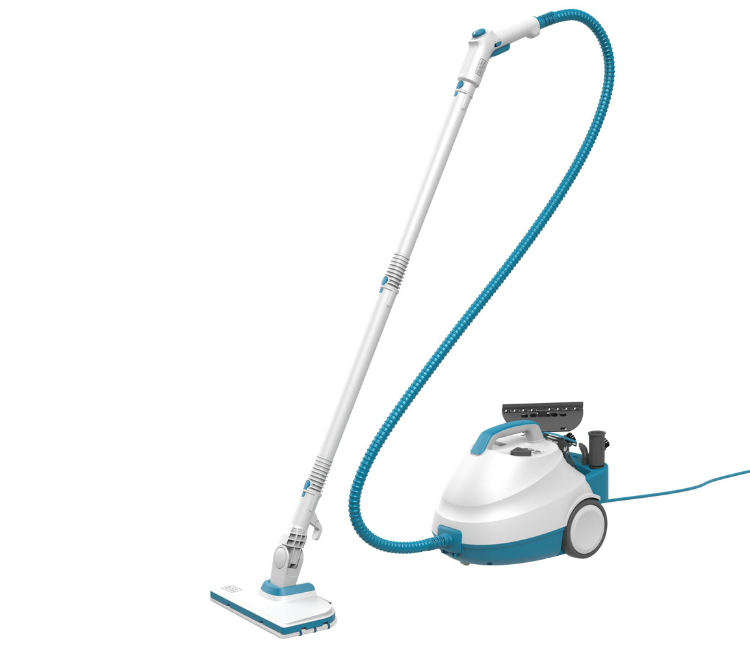 DVM Africa BHSMP2008-GB-2000W pressurised steam-mop with 8 accessories, showing powerful steam cleaning on hard floors.