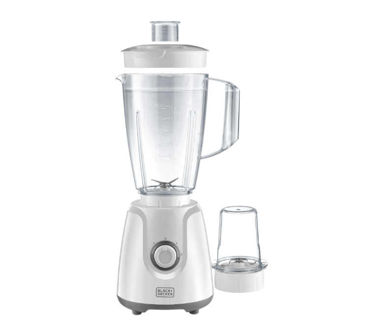 Black+Decker BX4030-B5 400W Blender and Grinder Mill with 1.5L jar and stainless steel blades, full set view.