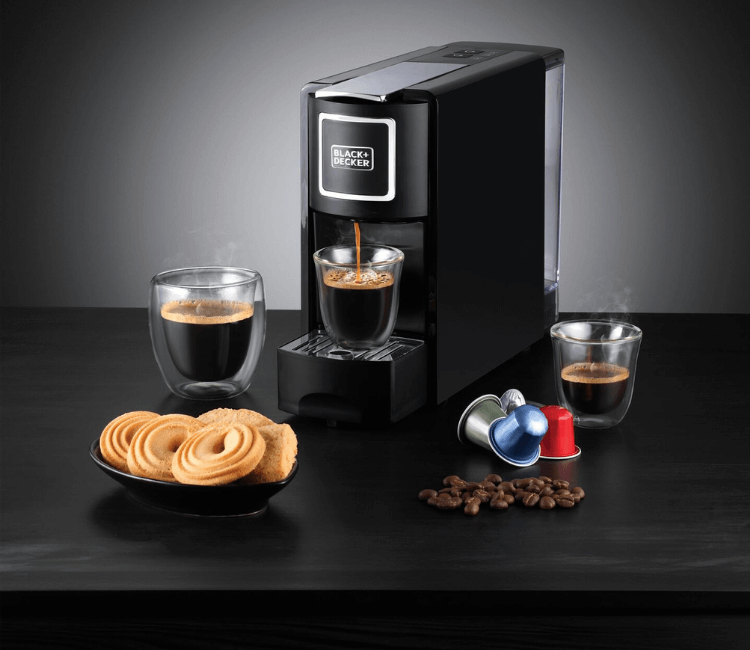 Front view of BLACK+DECKER CCM100-B5 capsule coffee maker, designed for modern kitchens in Africa.