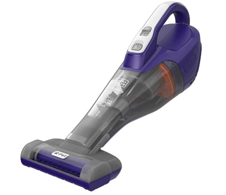 Black+Decker DVB315JP-GB Cordless 12V Pet Dustbuster Hand Vac in purple and grey, with motorized brush for embedded hair.