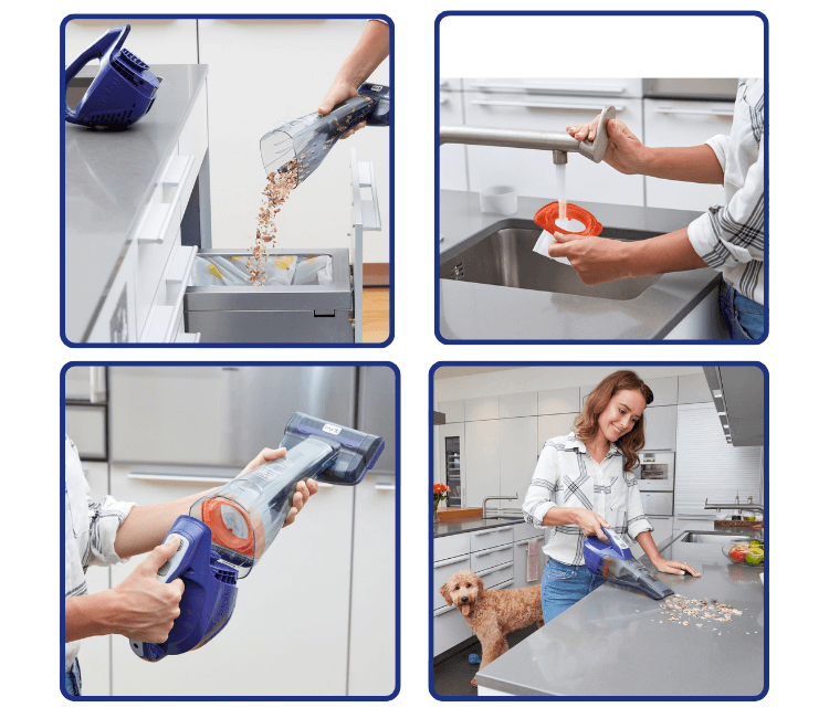 Black+Decker DVB315JP-GB Pet Dustbuster mounted on wall with charger plugged in, showing state of charge indicator.