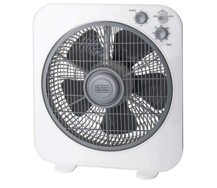 Black+Decker FB1220-B5 12-Inch Box Fan, White, with Tropical-Rated 40W Motor and 5 Blade system for optimal airflow.