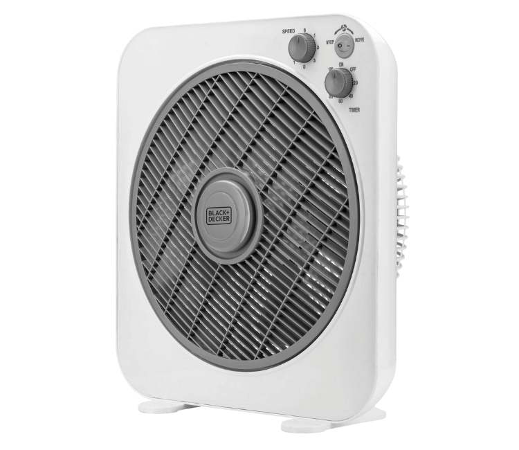 Side view of Black+Decker FB1220-B5 fan showing the Slim Profile and integrated Handle Groove for portability and easy transport.