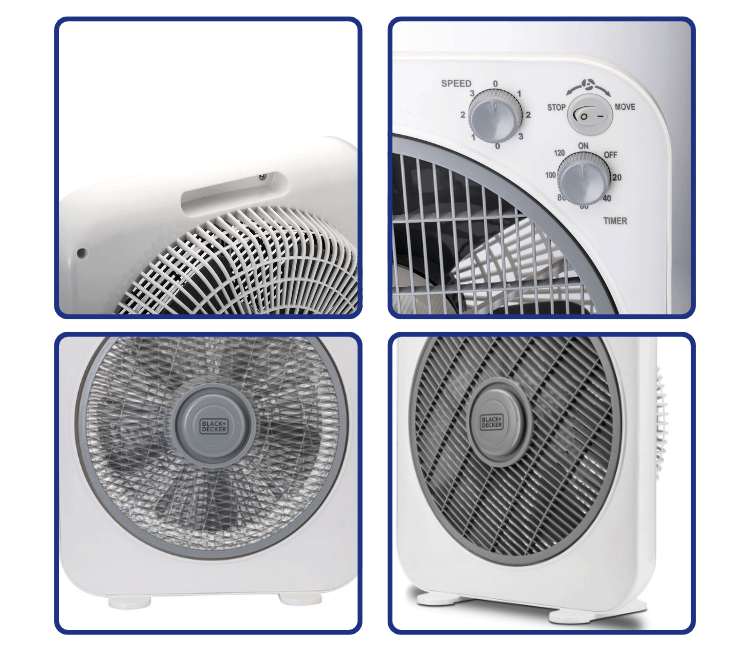 Black+Decker FB1220-B5 fan with Bi-directional air flow and Louvre Control tilted upwards for adjustable, targeted air circulation.