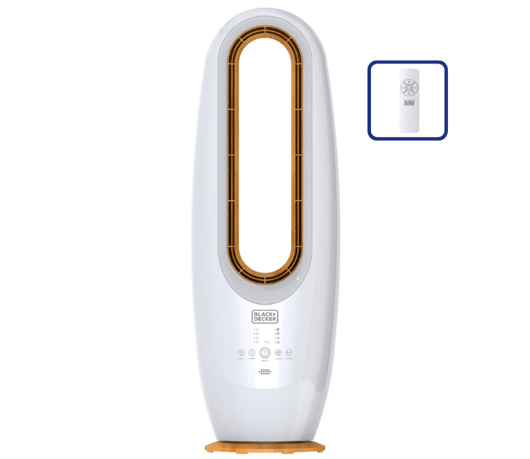 Close-up of the Black+Decker Bladeless Fan FBL85-B5 emphasizing safety, no moving blades, and the premium Wooden Trim design detail.