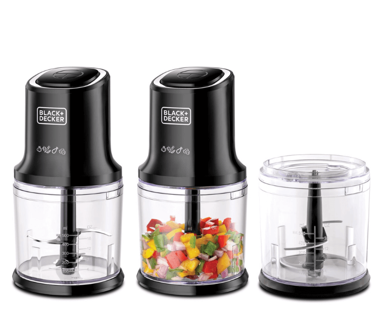 Black+Decker FC500-B5 Vertical Chopper motor unit detailing the Decorative Chrome Trim and built-in Safety Lock mechanism.