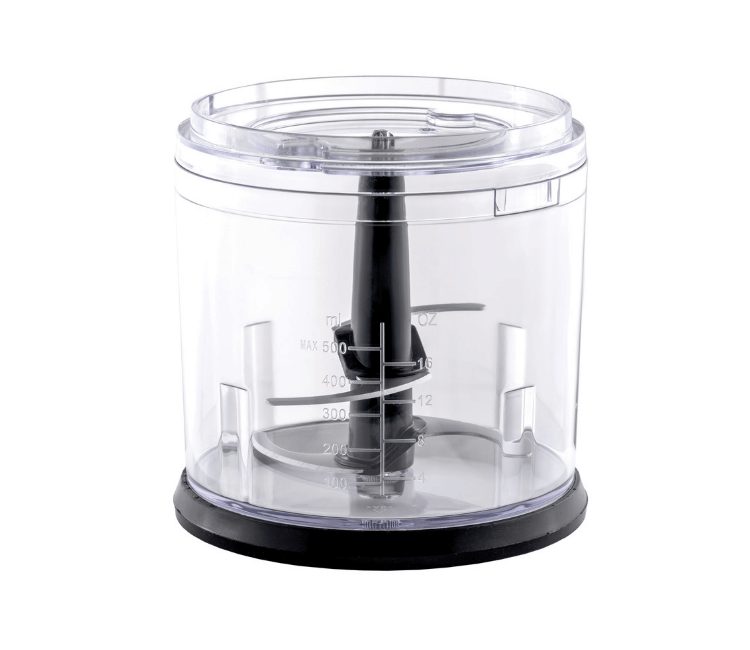 Black+Decker FC500-B5 Vertical Food Chopper, 500W motor, Black, with Chrome Trim and 4 Stainless Steel Blades for efficient mincing and pureeing.