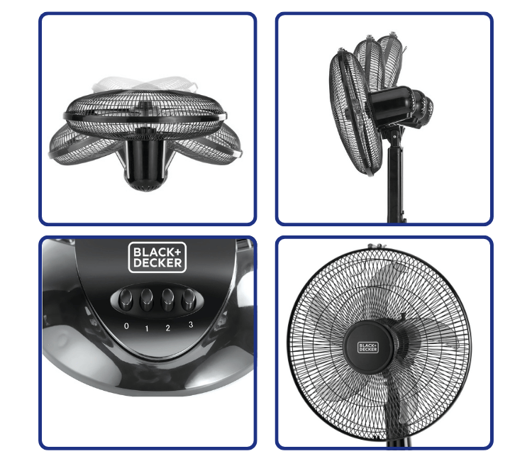 Close-up of the Black+Decker FD1620-B5 fan grille and durable 5 AS Blade system, highlighting the safety guard for secure operation.