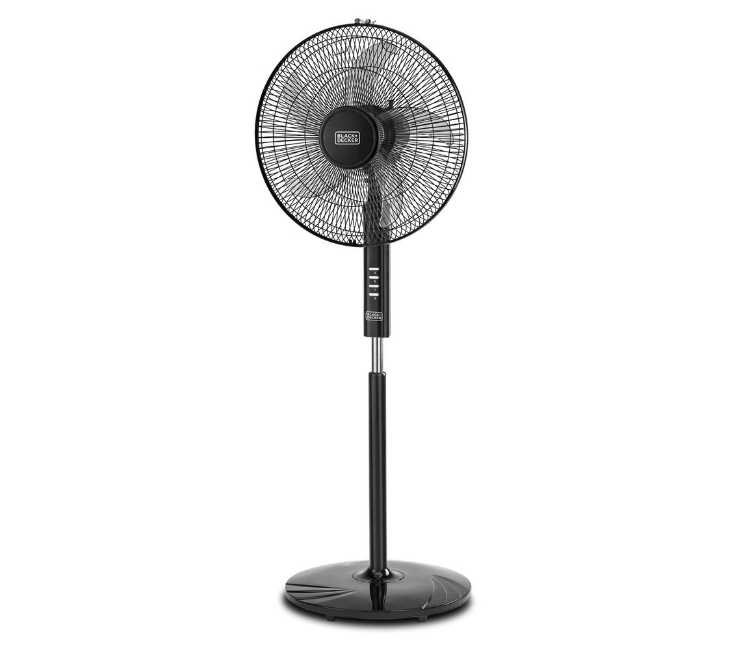 Black+Decker FS1620-B5 16-Inch Pedestal Stand Fan, Black, with powerful 60W motor and 3 adjustable speeds for whole-room cooling.