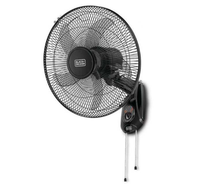 Black+Decker FW1620-B5 16-Inch Wall Fan, a powerful, space-saving cooling solution with 3 speed settings and a wide oscillation.