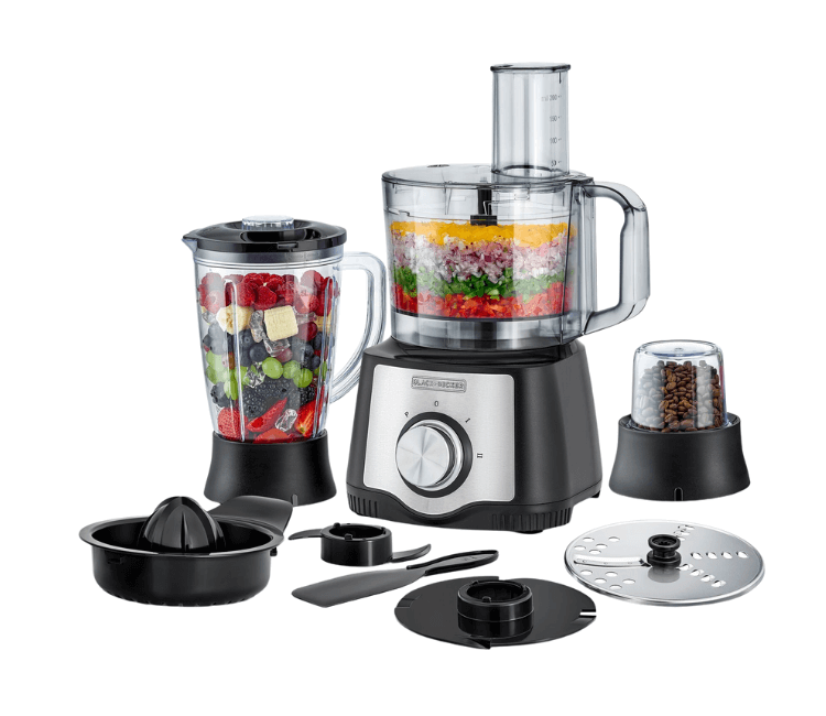 Black+Decker FX650-B5 600W Food Processor, a multi-function kitchen appliance in black, with a large-capacity bowl and powerful motor for food prep.
