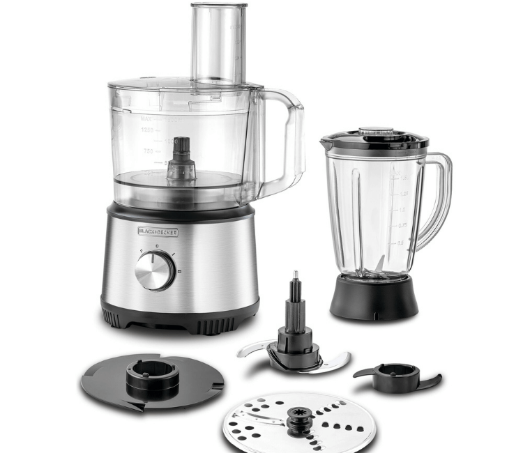 Black+Decker FX825-B5 800W Multifunction Food Processor, stainless steel, with a large blending jar and chopper bowl for versatile food prep.