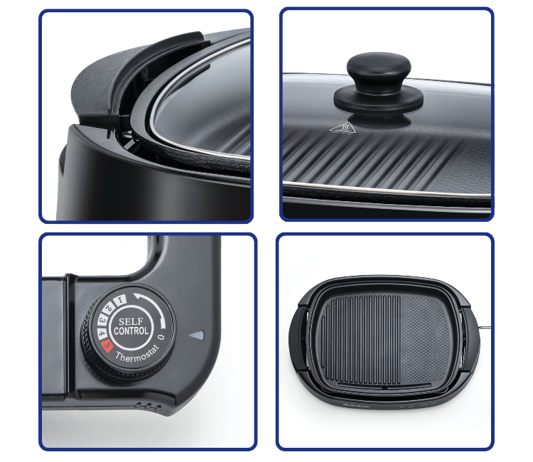 Close-up of the Black+Decker Health Grill non-stick surface and removable fat drip tray, highlighting the low-fat cooking feature.