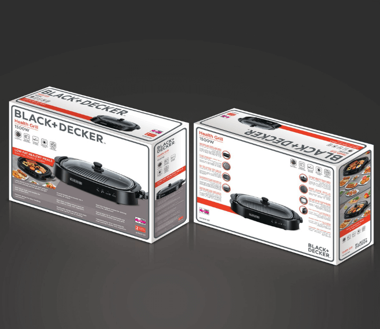 Black+Decker GH1500-B5 flat grill cooking a mixed breakfast of eggs, pancakes, and sausage, demonstrating its versatility as a cooking plate.