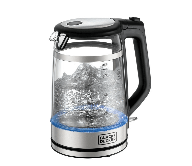 Black+Decker GK220-B5 Double Wall Glass Kettle, a modern, electric, cool-touch appliance with a visible water level indicator.