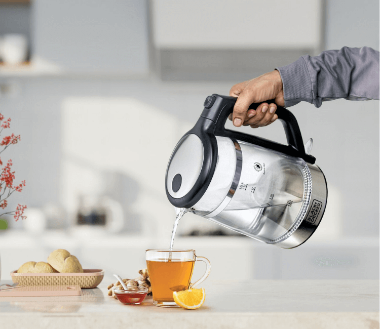 Black+Decker GK220-B5 Double Wall Glass Kettle on a modern kitchen counter, complementing other kitchen appliances with its premium look.