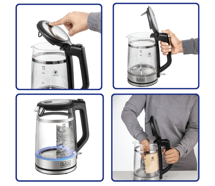 Black+Decker Double Wall Glass Kettle (GK220-B5) boiling water quickly, illuminated by an interior LED light, showcasing the fast boil feature.