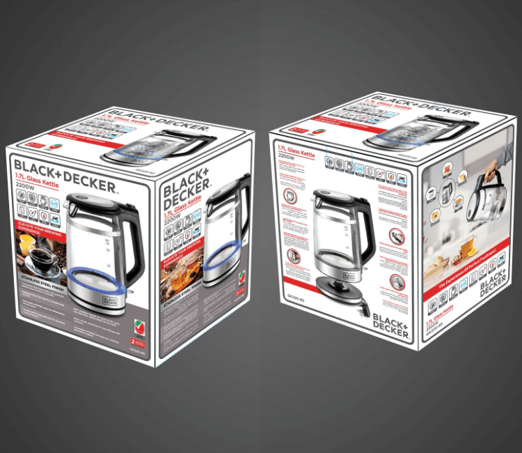 The Black+Decker GK220-B5 Double Wall Glass Kettle product packaging, clearly showing the model number and key features for buyer confirmation.