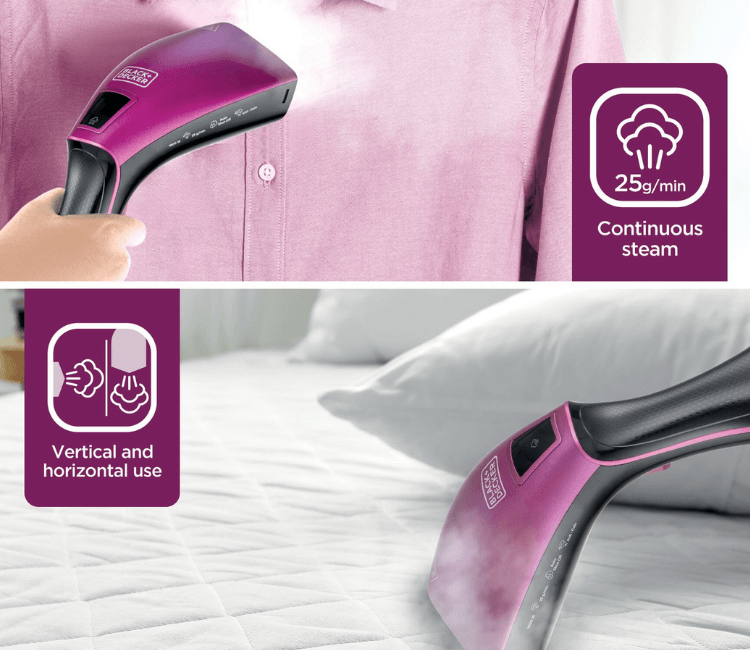 Black+Decker HSTD1600 steamer quickly removing wrinkles from a hanging garment, demonstrating high-power steam and fabric care.