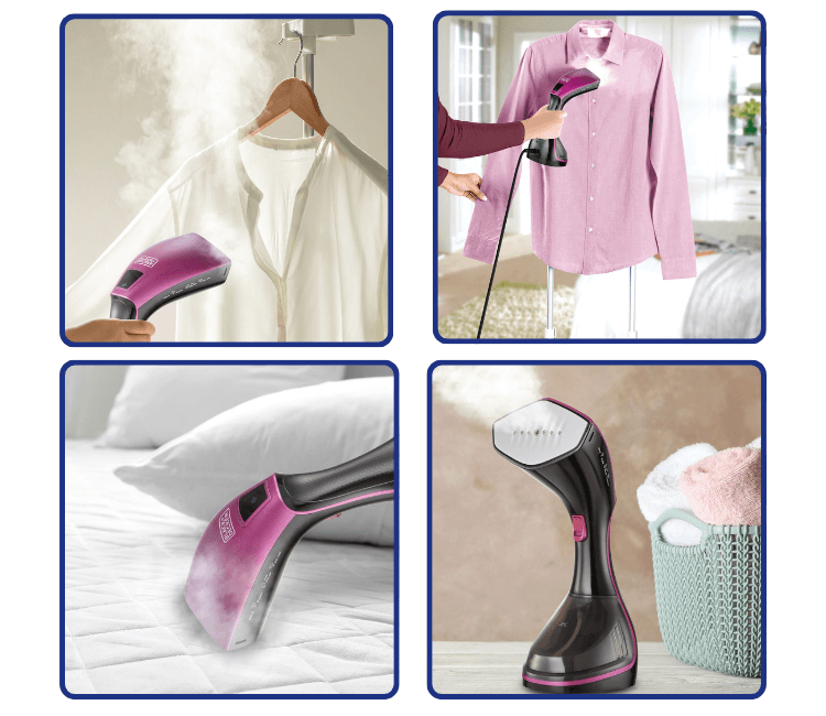 Close-up of the Black+Decker HSTD1600 digital display and temperature controls, showing precision steam settings for different fabric types.