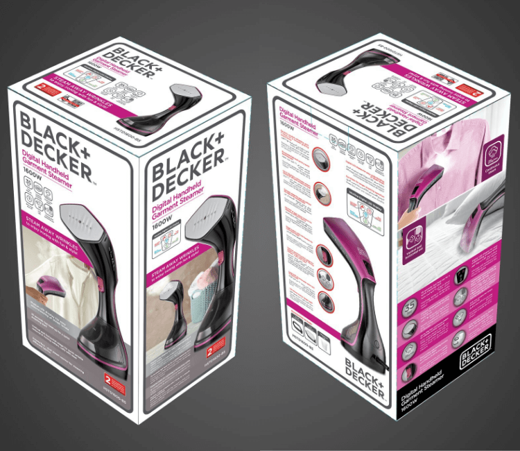 Black+Decker HSTD1600 handheld steamer used for sanitizing upholstery, curtains, and mattresses, eliminating germs and odors without chemicals.