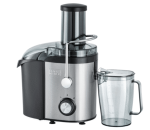 Black+Decker JE800-B5 800W Juice Extractor, a powerful centrifugal juicer with stainless steel finish for high-yield fresh juice.
