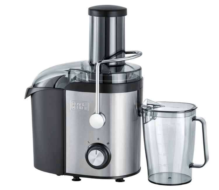 Black+Decker JE800-B5 800W Juice Extractor, a powerful centrifugal juicer with stainless steel finish for high-yield fresh juice.