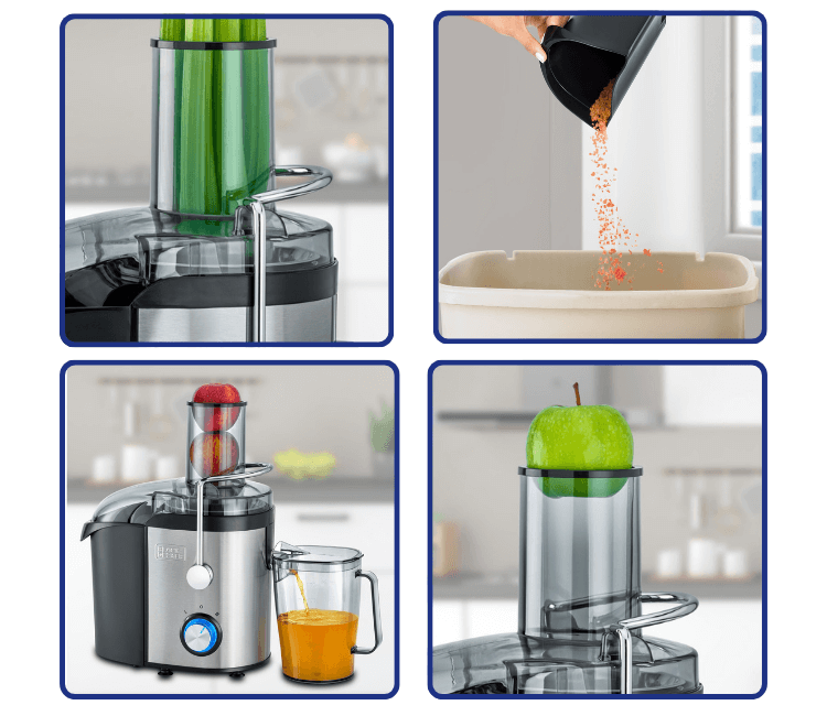 Close-up of the Black+Decker JE800-B5's wide feeding chute, demonstrating its whole fruit juicing capability for fast, minimal-prep use.