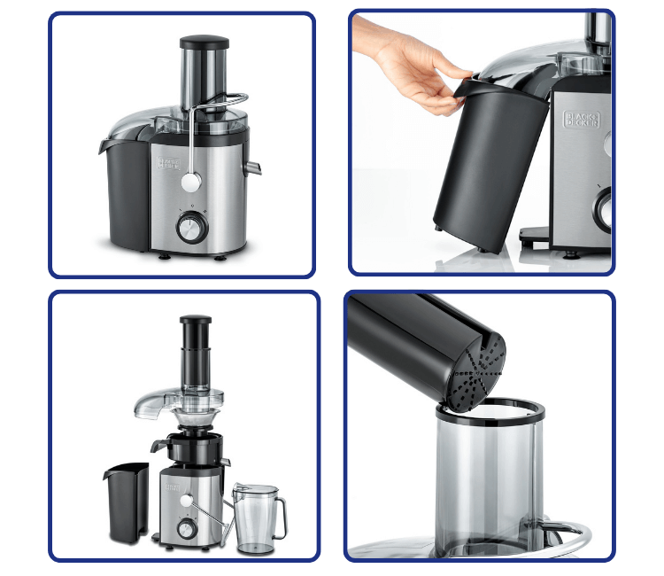 Disassembled components of the Black+Decker JE800-B5, showing the stainless steel filter, high-yield sieve, and large pulp container for easy cleaning.