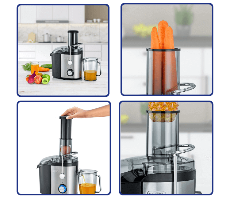Freshly squeezed fruit and vegetable juice in glasses, prepared with the Black+Decker JE800-B5 juicer, promoting family health and wellness.