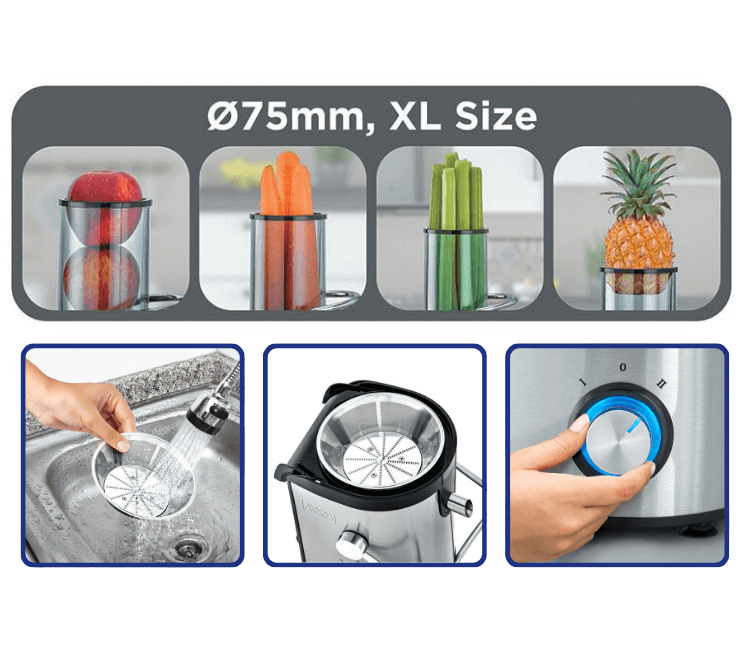 The robust base of the Black+Decker JE800-B5 juicer, highlighting the powerful 800W motor and durable build quality required for frequent use in Africa.