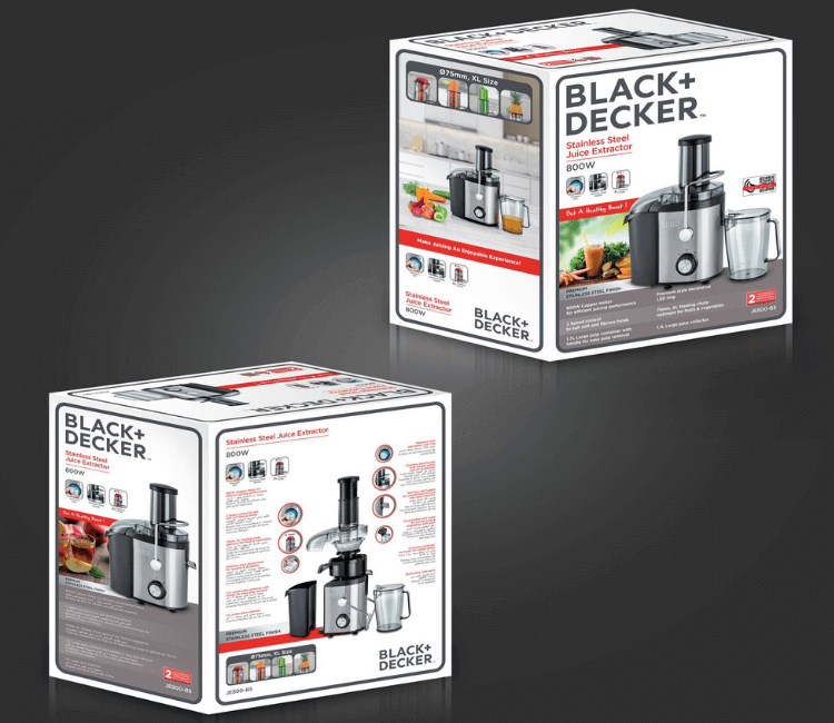 The Black+Decker JE800-B5 800W Juice Extractor product packaging, showing the full contents and brand authentication for consumer trust.