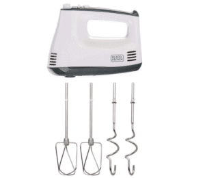 Black+Decker M350-B5 Hand Mixer, white, with chrome beaters attached, featuring multiple speed settings for easy baking and mixing.