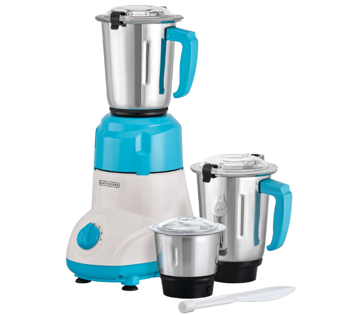 Black+Decker MG550-B5 3-in-1 Mixer Grinder, black and silver, with 550W power and 3 durable stainless steel jars for wet and dry grinding.
