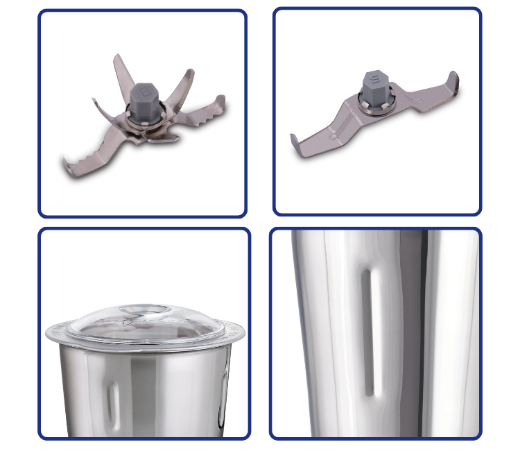 Close-up of the three stainless steel jars of the Black+Decker MG550-B5, showing separate blades for wet mixing, dry grinding, and small quantity (chutney)