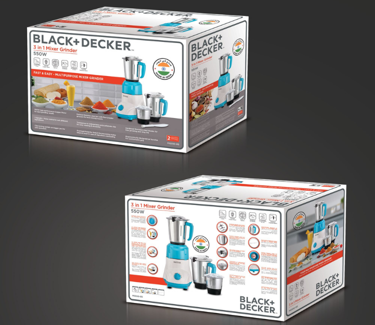 Black+Decker MG550-B5 3-in-1 Mixer Grinder, highlighting the durable base, anti-slip feet, and safety lock mechanism for stable operation.