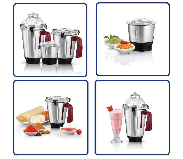 Close-up of the durable stainless steel jars and sharp blades of the Black+Decker MG750-B5 Mixer Grinder, featuring a secure locking mechanism.