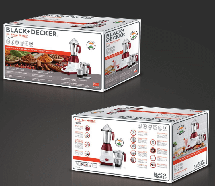 Black+Decker 3-in-1 Mixer Grinder (MG750-B5) being used for wet grinding, creating a smooth batter or blending a refreshing fruit smoothie.