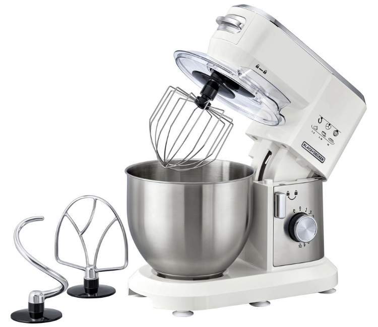 Black+Decker MKM100-B5 Multifunctional Kitchen Machine, a powerful stand mixer with a large stainless steel bowl, for hands-free baking in the African kitchen.