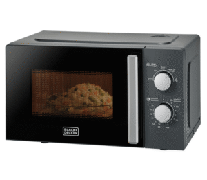 Black+Decker MZ2015P-B5 Solo Microwave Oven, compact design for kitchen countertop, featuring a simple control panel and black finish.
