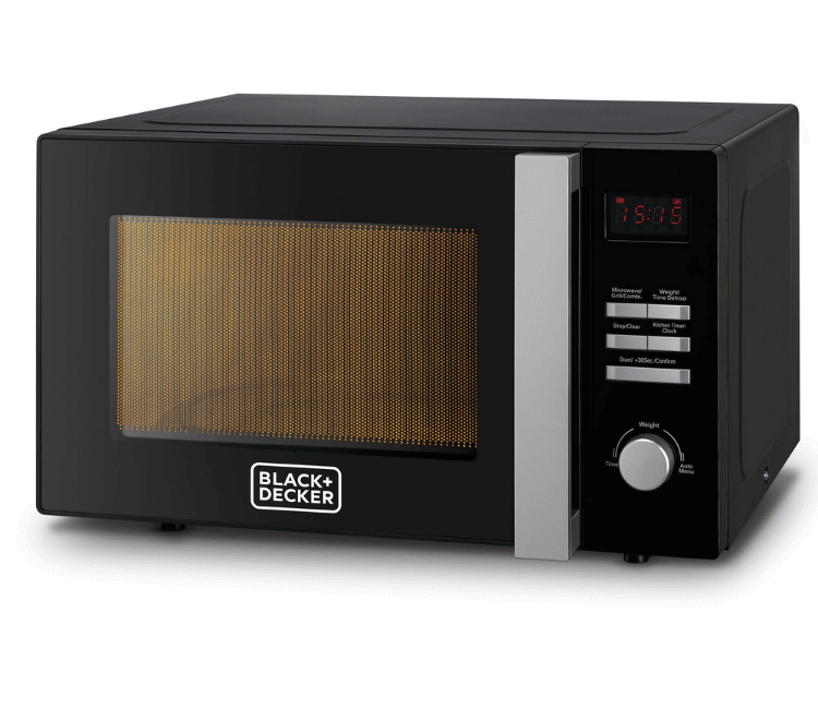 Black+Decker MZ2800PG-B5 28L Microwave Oven with Grill, 900W power, sleek black finish, and digital control panel for African kitchen countertop.