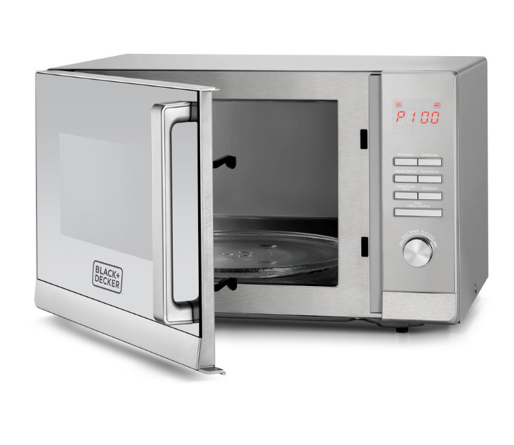 Interior view of the Black+Decker MZ30PGSS-B5 30L microwave with the grilling rack, demonstrating the integrated Grill function for crisping and browning food.