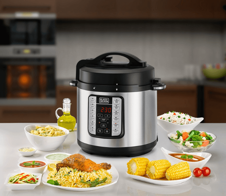 Black+Decker PCP1000-B5 Electric Pressure Cooker in use, efficiently cooking a thick stew or rice in a modern African kitchen setting.