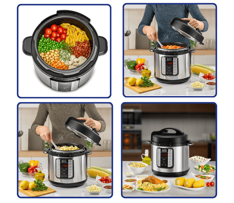 Close-up of Black+Decker PCP1000-B5 LED control panel, showing preset cooking programs for rice, stew, meat, poultry, and beans for one-touch operation.