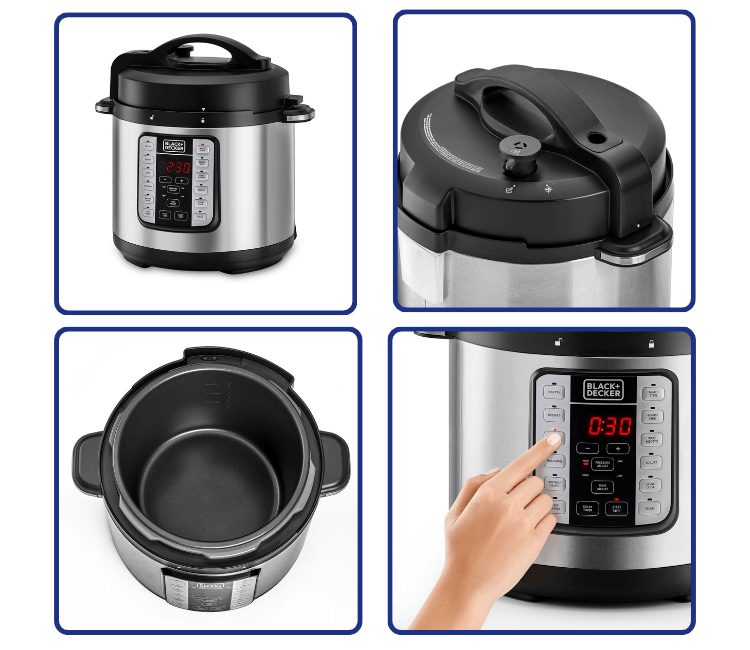 Interior view of the Black+Decker PCP1000-B5 6 Liter non-stick inner pot, demonstrating large family capacity and easy cleaning.