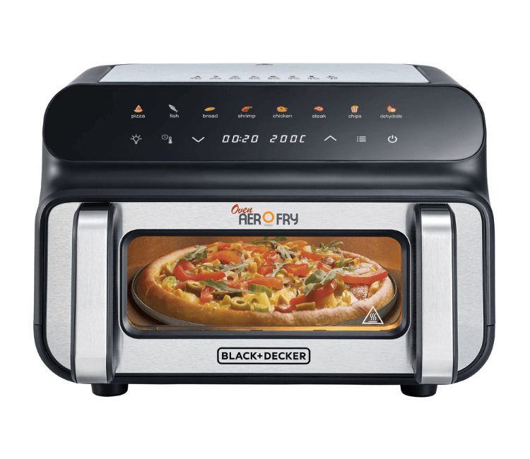Black+Decker PGAF105-B5 5-in-1 Pizza, Grill & Air Fryer Oven, a compact, all-in-one kitchen appliance for healthy cooking.