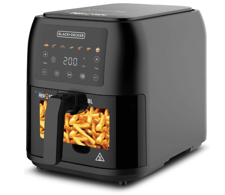 Black+Decker SAF80W-B5 Slim Air Fryer with Viewing Window, a compact, low-oil cooking appliance for healthy meals.