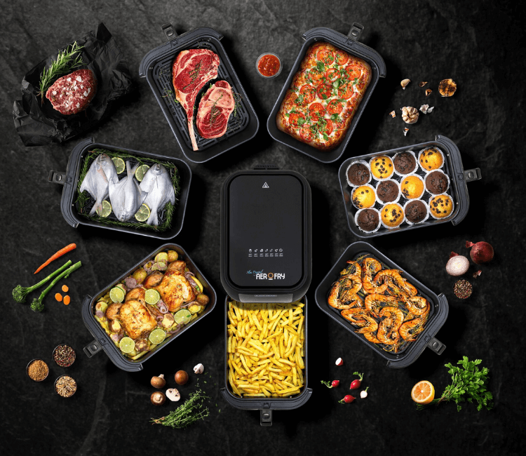 Black+Decker SAF80W-B5 Slim Air Fryer on a kitchen countertop, demonstrating its compact footprint and modern aesthetic as a space-saving appliance.
