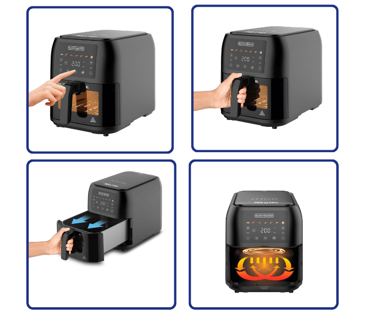 Close-up of the Black+Decker SAF80W-B5 Air Fryer Viewing Window, showing food cooking inside without needing to open the basket.